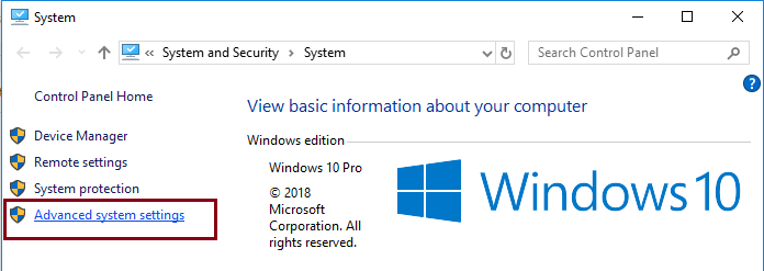 advance system settings in windows 10